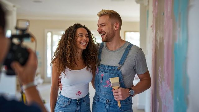 Happy Couple Painting New Home Together in Casual Attire