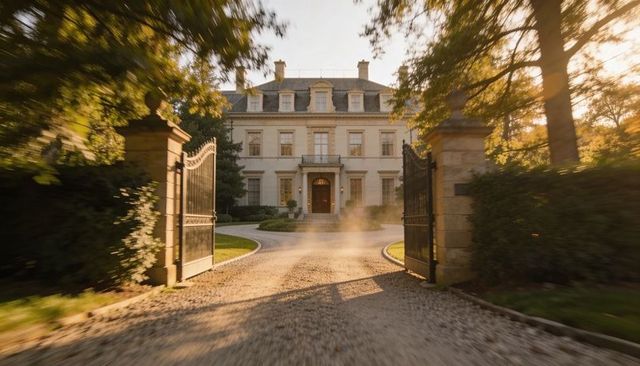 Sunlit neoclassical mansion behind open wrought-iron gates with dusty gravel drive