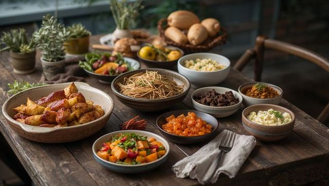 Rustic sunlit brunch spread on wooden table with roasted potatoes, noodle bowl, fresh salad and brea