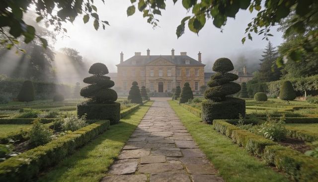 Sunlit neoclassical manor with symmetrical topiary garden and central stone pathway