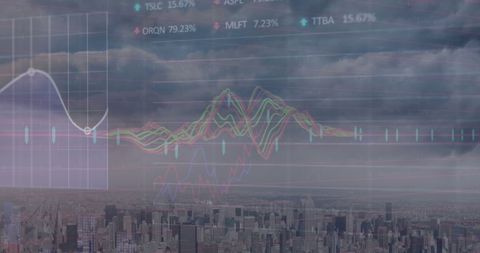 Stock Market Data Overlay on Urban Cityscape Skyline - Download Free Stock Images Pikwizard.com