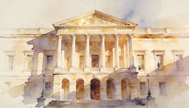 Sunlit neoclassical palace facade with six-column portico and ornate pediment watercolor