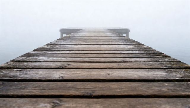 Weathered wooden pier leading into dense fog over calm lake, minimalist misty jetty