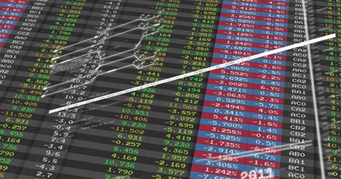 White arrow crossing stock trading dashboard illustrating growth