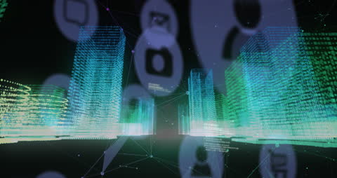 3D Digital Cityscape with Data Network and Technology Icons
