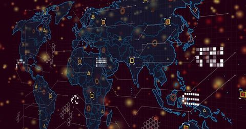 Futuristic neon world map overlaying digital network nodes and data visualization grid