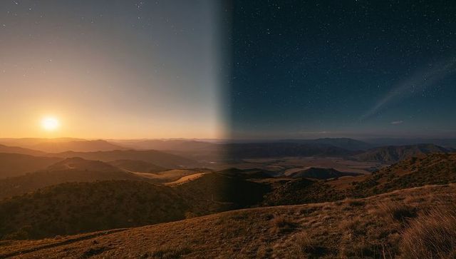 Sunset to starry night panorama over rolling hills and valleys