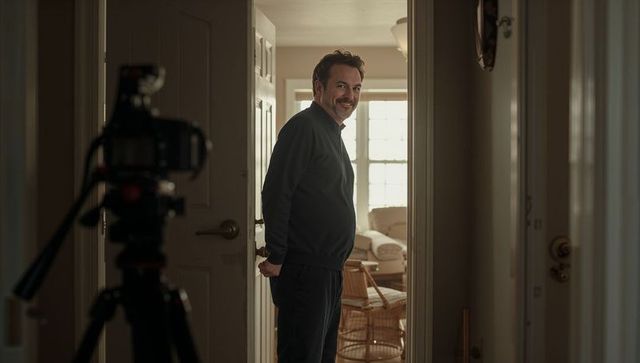 Middle-aged man smiling in doorway with camera tripod, home portrait, warm natural light