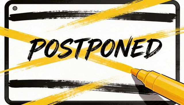 Postponed banner featuring bold yellow brush strokes and marker tip