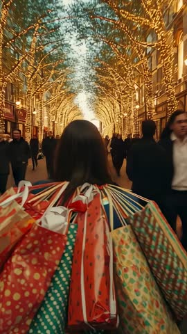 Woman Carrying Holiday Shopping Bags Walking Through Festive Light Tunnel Toward Exit