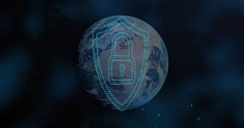 Digital security shield enclosing planet earth symbolizing global cybersecurity