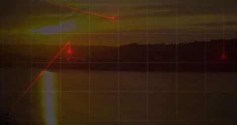 Sunset reflection over lake with grid overlay and red laser beams