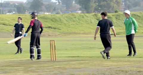 Cricket players in action on lush green field in sunny weather