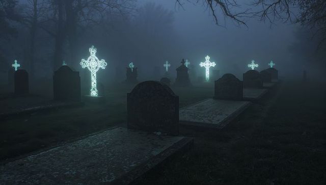 Eerie Glow of Crosses in Foggy Cemetery