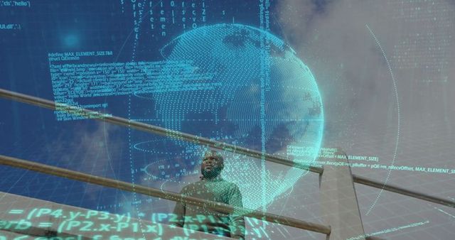 Tech innovator gazing at digital globe on urban balcony