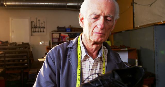 Senior cobbler carefully inspecting black shoe in a traditional workshop. Ideal for concepts such as craftsmanship, traditional skills, small business, and the dedication of senior workers. Great for articles highlighting artisanal work, retirement hobbies, or profiles of experienced professionals.