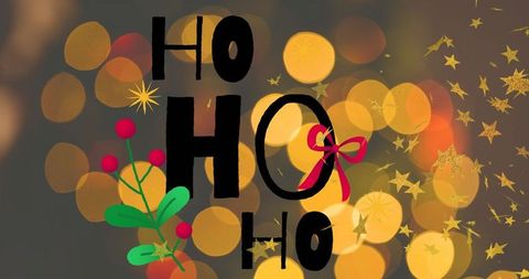 Festive ho ho ho christmas typography with golden bokeh, holly and red ribbon