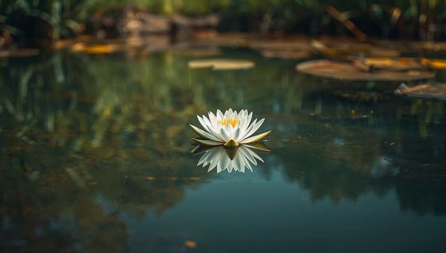 Floating white water lily reflecting on serene calm pond with lily pads and golden soft bokeh