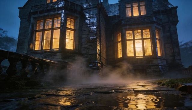 Glowing Mullioned Bay Windows Lighting Rain-Soaked Stone Courtyard with Mist