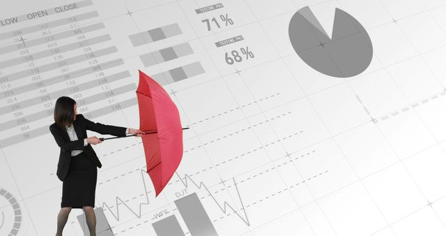 Businesswoman Holding Red Umbrella with Financial Graphs - Download Free Stock Images Pikwizard.com