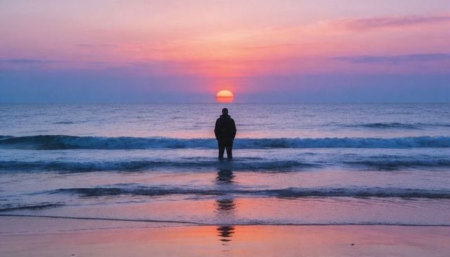 Solitary silhouette standing in surf watching pastel sunrise over calm sea with wet sand