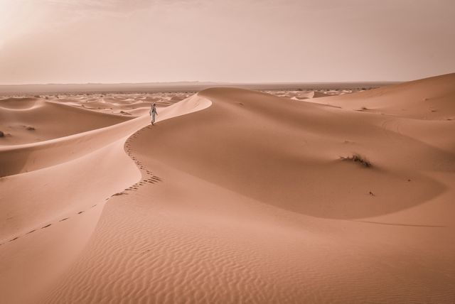 Person walking alone on vast desert dunes, making footprints in the sand during sunset. Perfect for travel blogs, adventure concepts, themes of solitude and exploration, wilderness campaigns, or advertisements portraying the beauty and vastness of untouched nature.