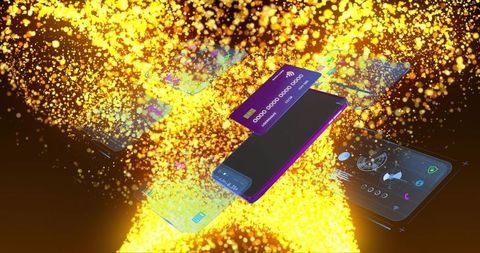 Purple smartphone and contactless card floating through golden data burst for fintech