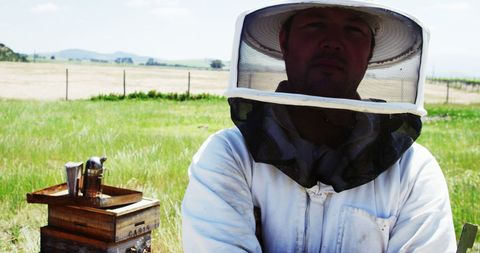 Confident beekeeper in apiary with protective gear