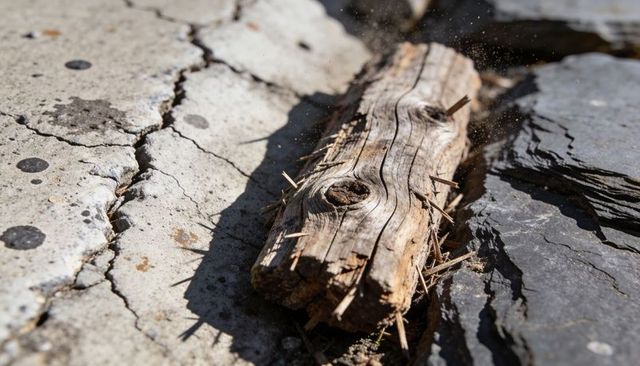 Weathered splintered timber lying on cracked concrete with rusty nails and sunlit sawdust