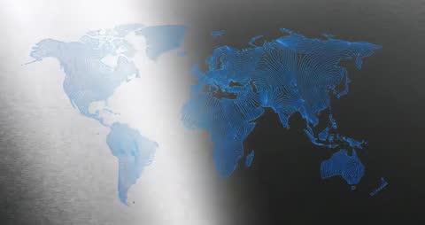 Futuristic World Map with Contour Lines Illuminating Steel