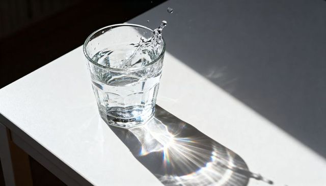 Sunlight catching faceted glass sending water splash and prism shadow on white tabletop