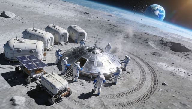 Lunar base crew inspecting landed capsule near habitat modules with solar rover
