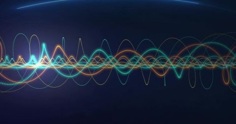 Pulsing Neon Waveform Traversing Dark Gradient Background With Teal Cyan Orange Trails