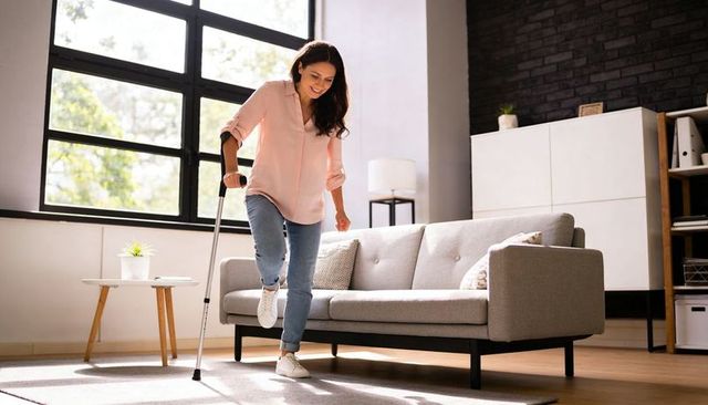 Woman balancing with forearm crutch in bright living room practicing mobility and recovery