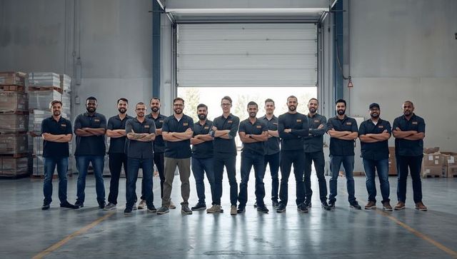 Warehouse logistics team standing united by loading bay roll-up door, industrial crew