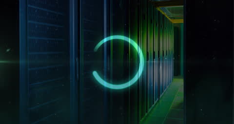 Futuristic Neon Scanner Hovers over Data Server Rack