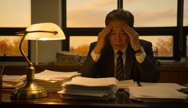 Overwhelmed business executive holding head while reviewing stacks of documents at desk