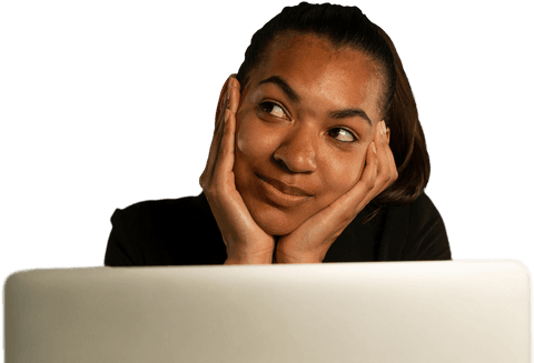 Transparent Concept Thoughtful Woman With Laptop engaging with Technology