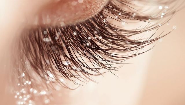 Glittering Droplet-Laced Eyelashes Macro Closeup for Beauty Makeup Skincare Ads