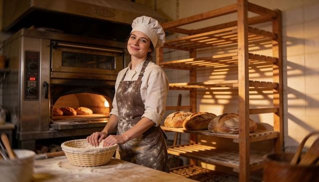 Smiling artisan baker preparing sourdough dough with banneton in warm rustic bakery oven