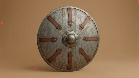 Medieval wooden round shield with metal reinforcements