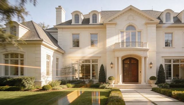 Sunlit neoclassical mansion facade with grand double doors, columns and balcony, luxury entrance