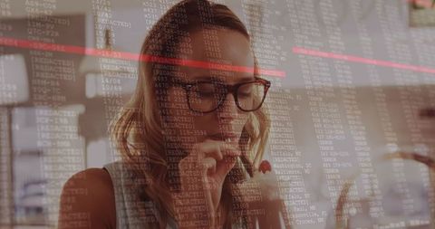 Woman with Coffee Mug Overlaid with Digital Code Screen