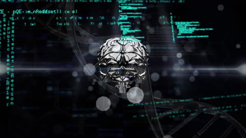 Futuristic AI Concept with Digital Brain and DNA Helix