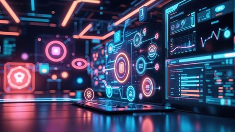 Futuristic holographic data display in neon lit control room