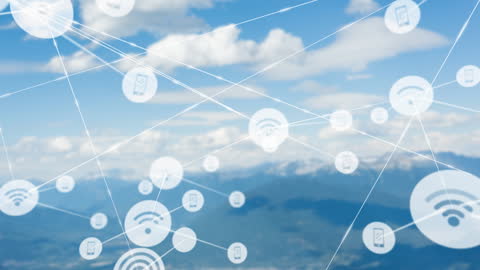 Digital Network of Connections with Wi-Fi Icons Over Mountain Landscape