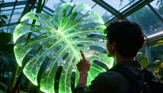 Man examining glowing bioluminescent monstera leaf inside glasshouse for futuristic botany