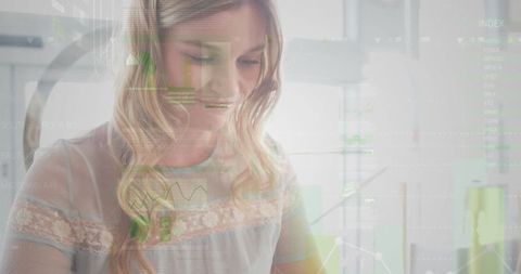 Businesswoman analyzing data on smartphone with digital holograms