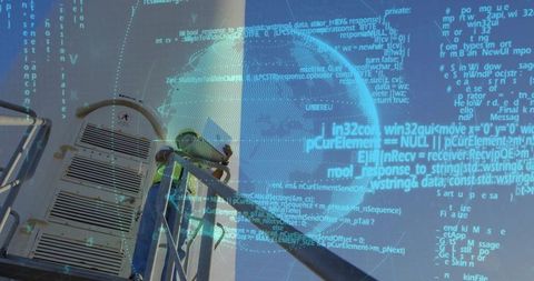 Technician maintaining vent unit overlaid with digital code globe