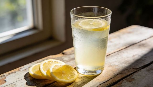 Sunlit lemonade glass on rustic wooden table with condensation and lemon slices